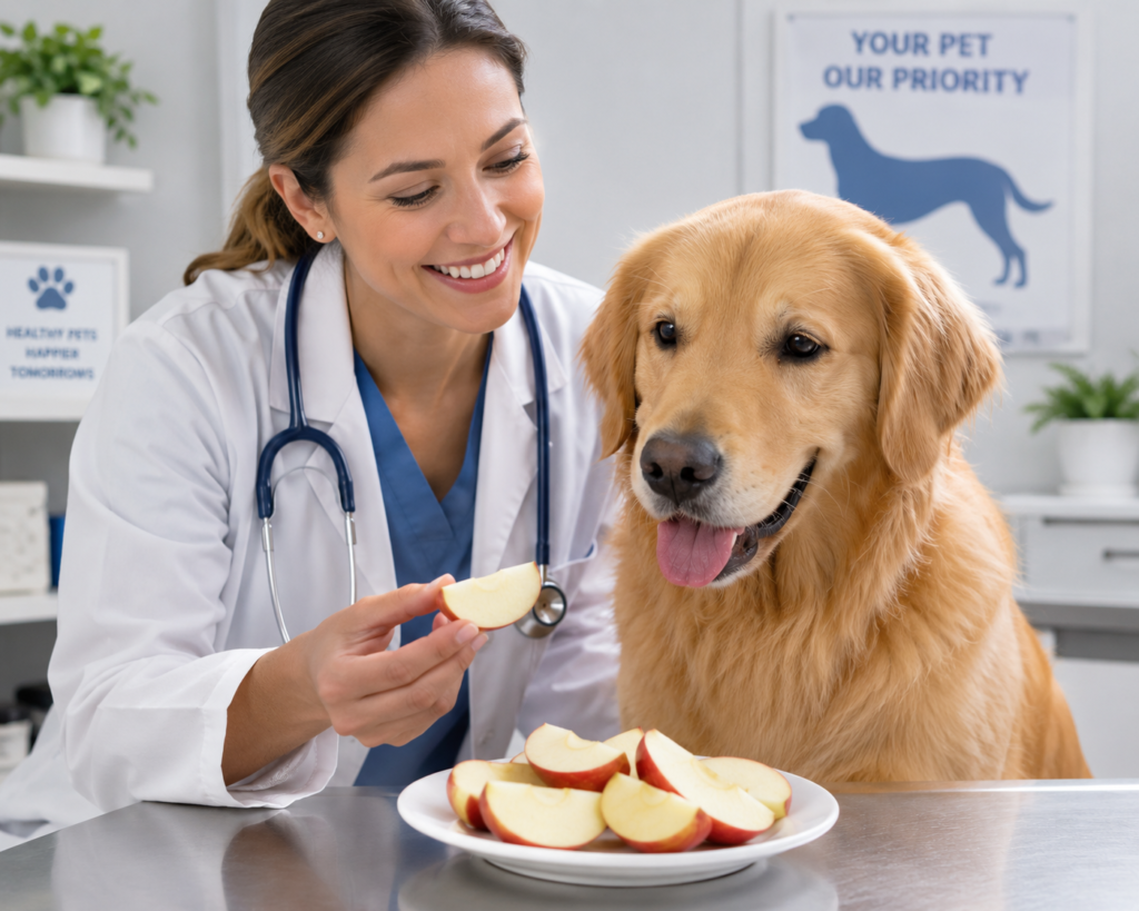 Veterinarian showing apple slices for dogs