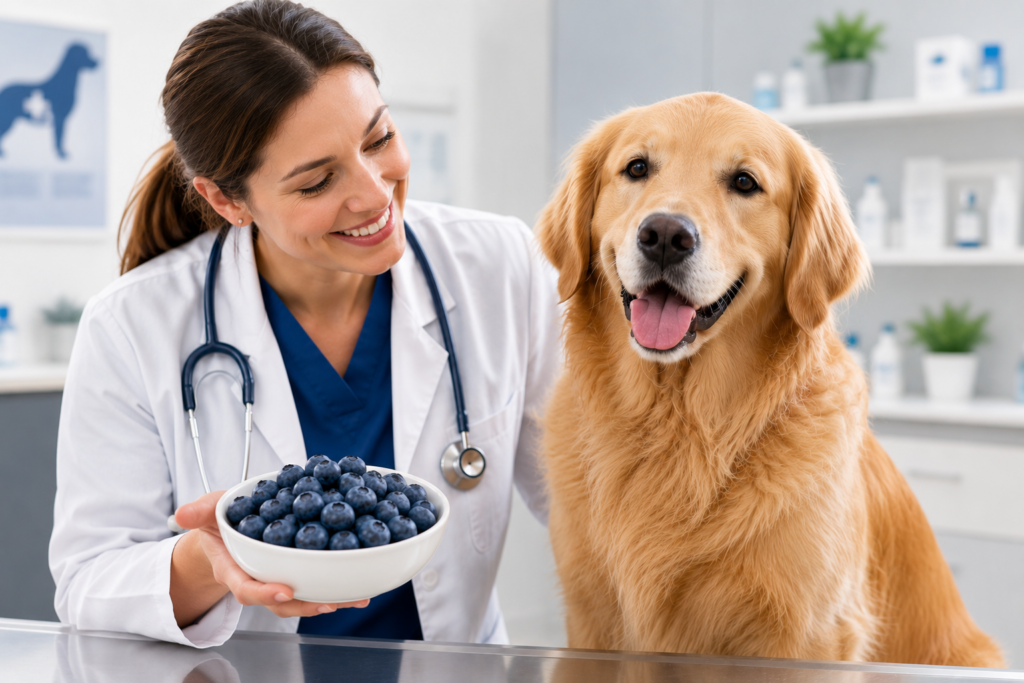 Veterinarian showing blueberries for dogs