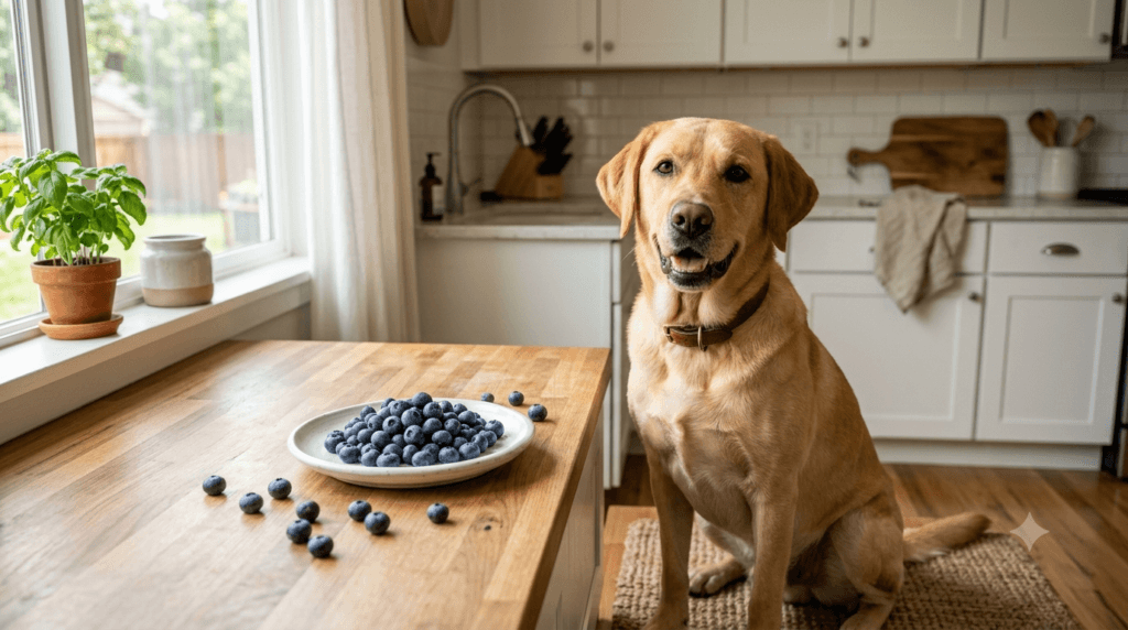 Can dogs eat blueberries? Fresh blueberries beside a healthy Labrador Retriever