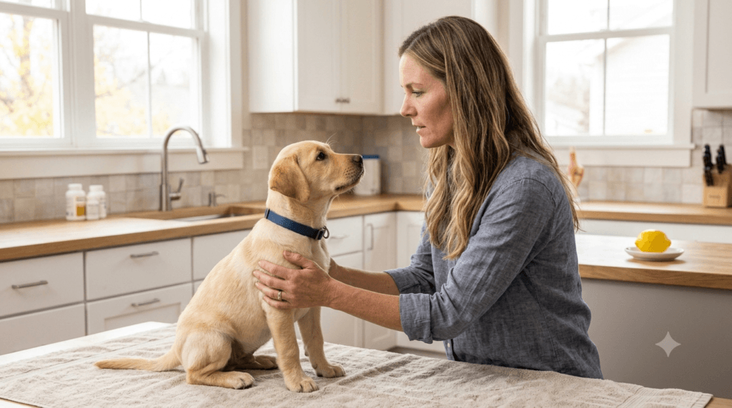 Dog owner watching a puppy after possible lemon ingestion