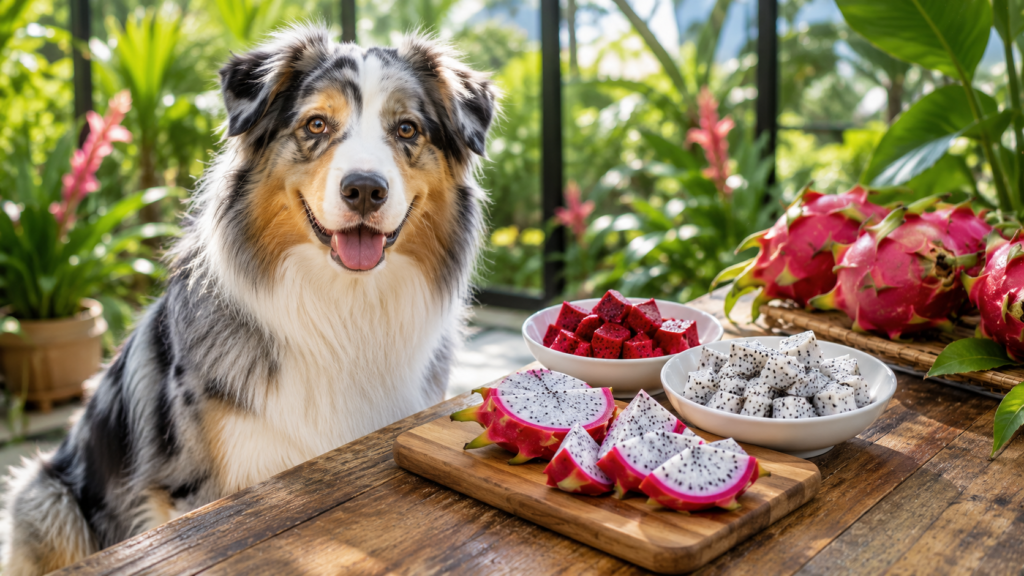 Australian Shepherd with fresh dragon fruit