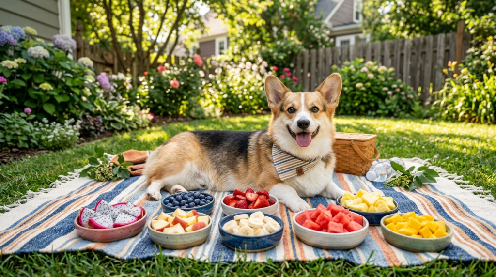 Corgi surrounded by healthy fruits including dragon fruit