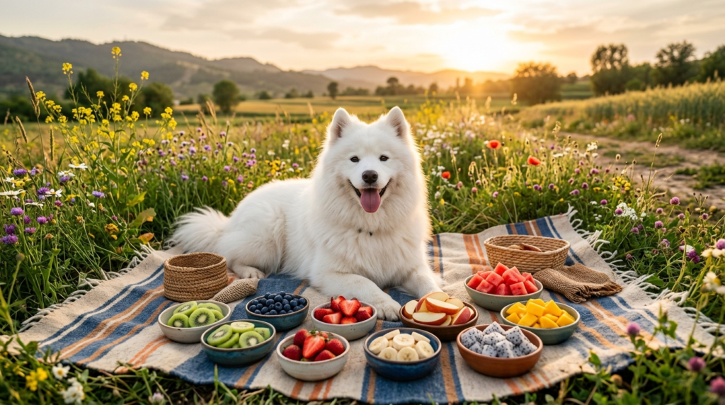 Samoyed surrounded by healthy fruits including kiwi