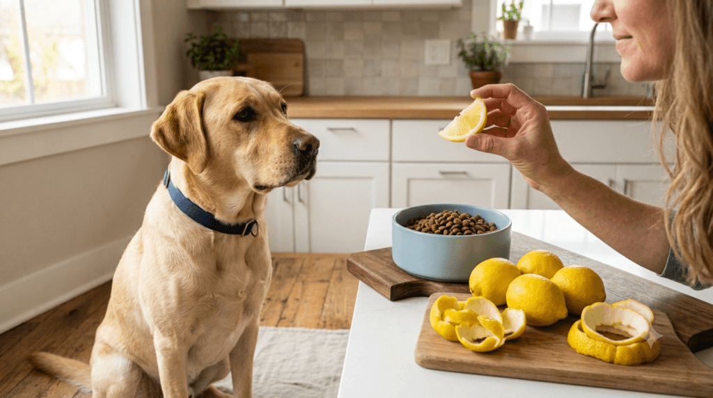 Dog owner keeping lemon away from a Labrador Retriever