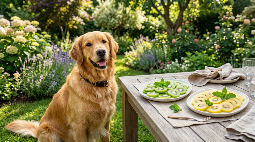 Golden Retriever with fresh kiwi