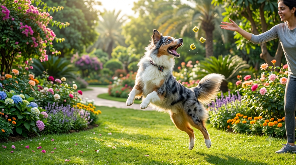 Australian Shepherd enjoying kiwi during training