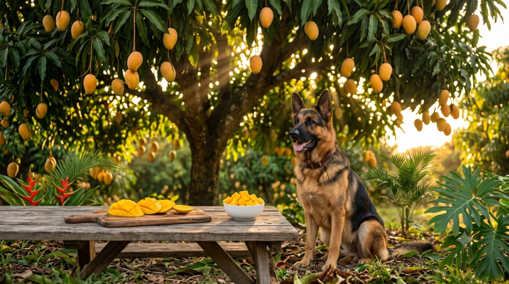 German Shepherd with fresh mango slices