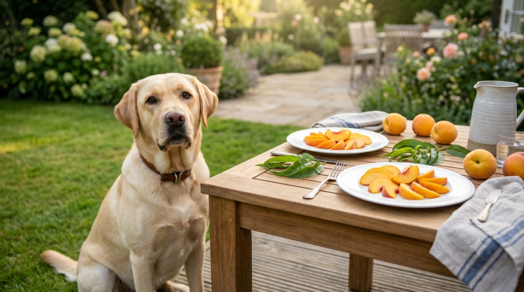 Labrador Retriever with fresh peach slices