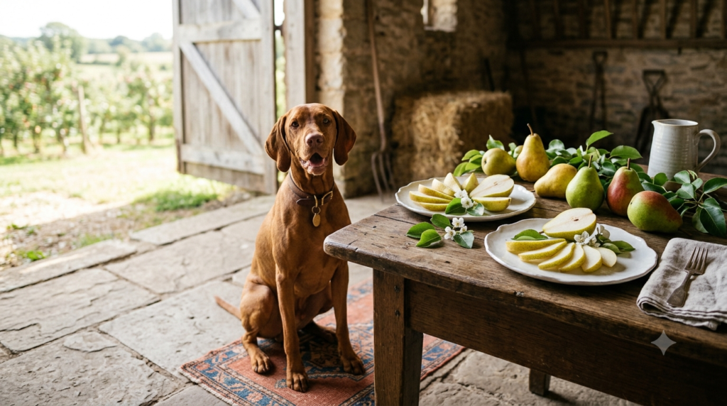 Vizsla with fresh pear slices