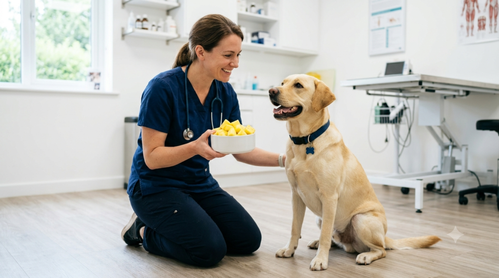 Veterinarian showing fresh pineapple for dogs
