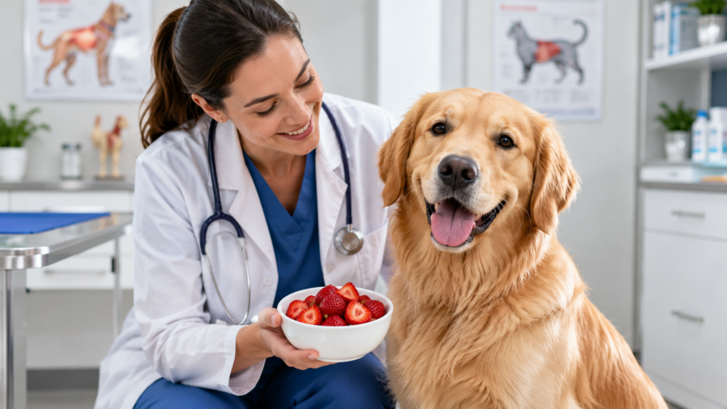 Veterinarian showing strawberries for dogs