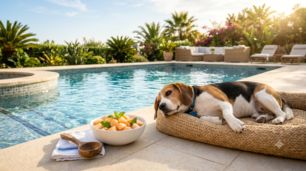 Dog enjoying chilled peach slices