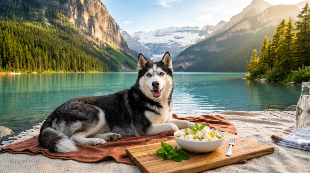 Dog enjoying chilled pear cubes