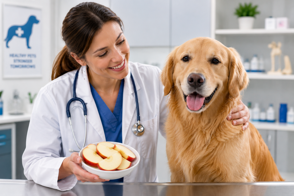 Veterinarian with dog and fresh apple slices