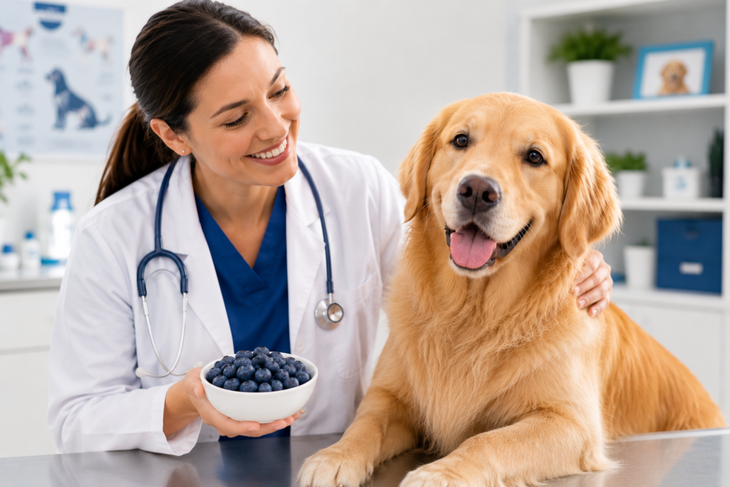 Veterinarian with dog and fresh blueberries
