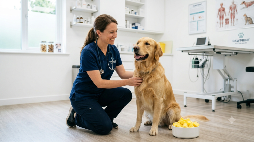 Veterinarian with dog and fresh pineapple