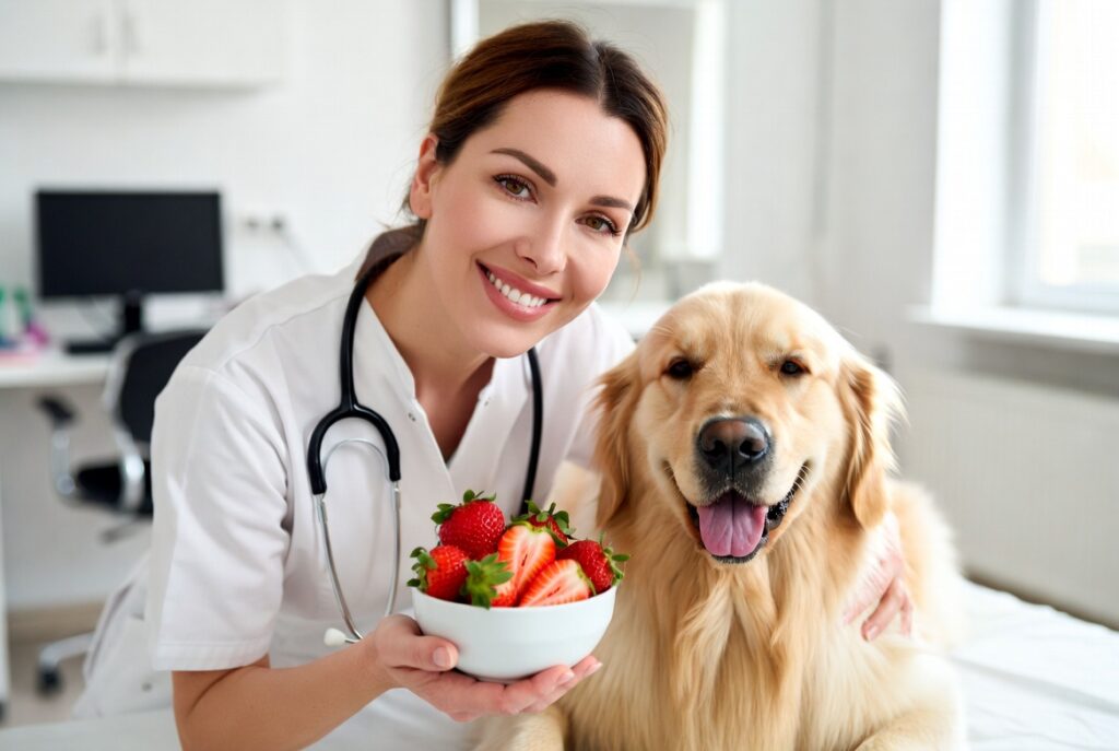 Veterinarian with dog and fresh strawberries