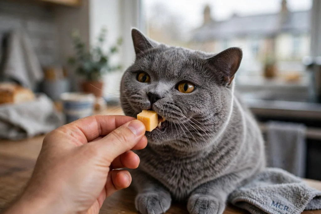 British Shorthair cat 4kg eating 10g cheddar cheese cube from owner hand safely Manchester home