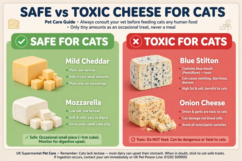 Safe vs toxic cheese for cats UK - mild cheddar and mozzarella safe green tick, blue Stilton and onion cheese toxic red cross