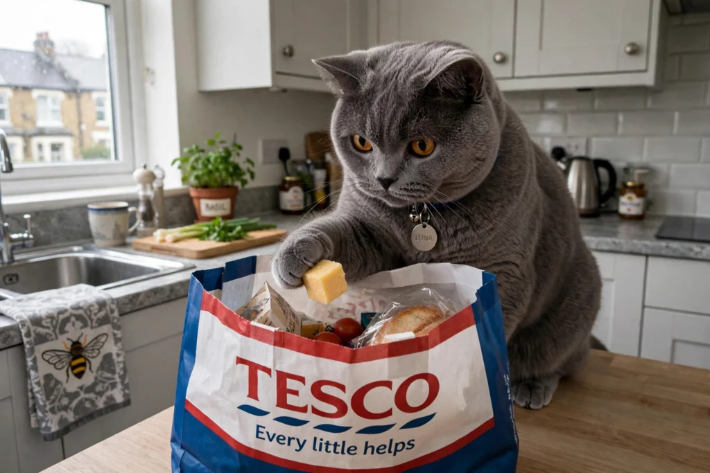 Can cats eat cheese UK 10g safe for 4kg British Shorthair cat Luna stealing cheddar from Tesco bag Manchester