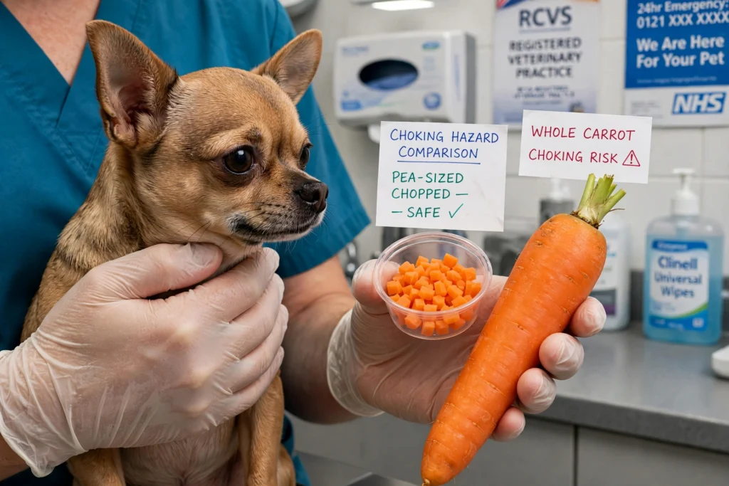 chihuahua choking hazard comparison pea sized chopped carrots safe vs whole carrot risk UK vet