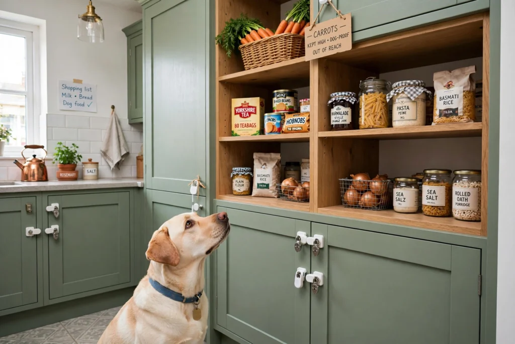 Dog proof kitchen carrots stored high away from Labrador UK pantry child locks