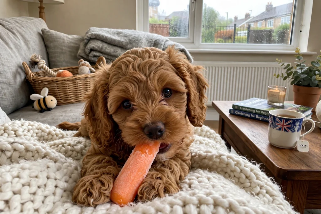 cockapoo puppy chewing frozen baby carrot teething toy UK