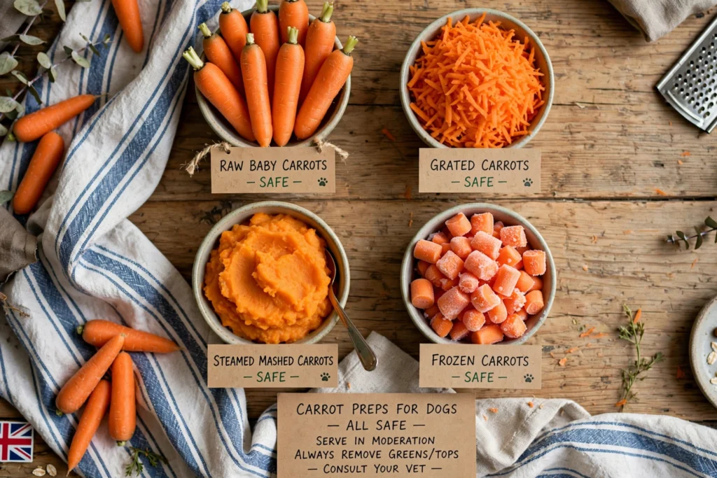 safe carrot preparations for dogs raw grated steamed frozen UK guide