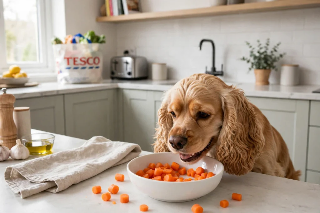 Can Dogs Eat Carrots?  cocker spaniel eating chopped baby carrots in UK kitchen Tesco bag