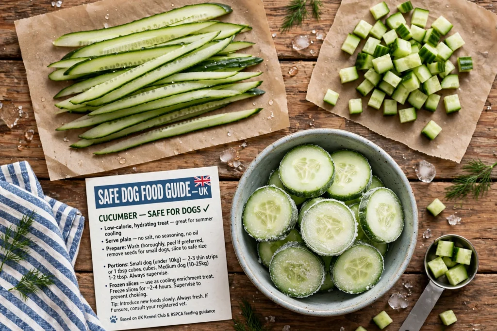 safe cucumber preparations for dogs lengthwise thin frozen cubes UK guide