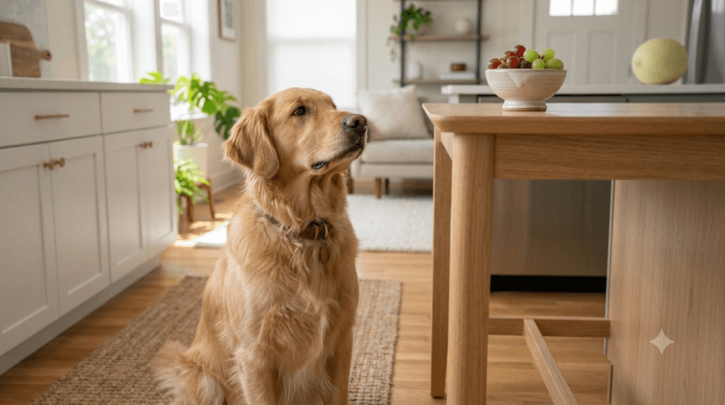 Can Dogs Eat Grapes? Golden Retriever beside grapes