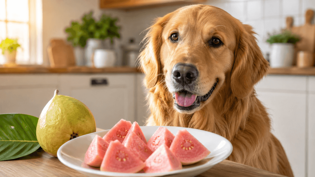 Can Dogs Eat Guava? Benefits, Risks & Safe Serving Tips Can dogs eat guava? Healthy Golden Retriever beside prepared fresh guava