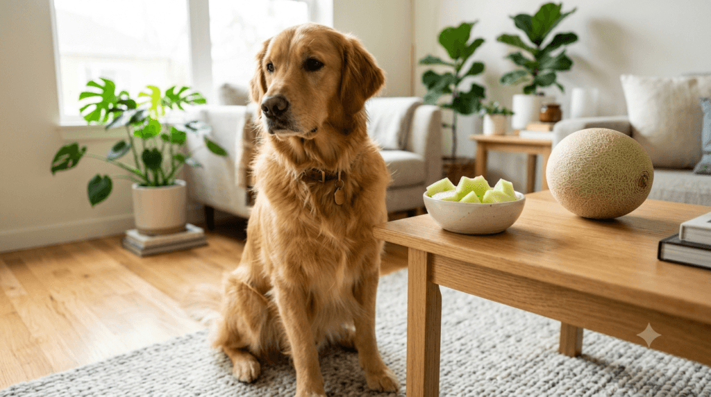 Can Dogs Eat Honeydew? Golden Retriever beside safely prepared honeydew pieces