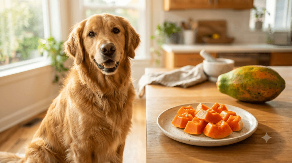 Can dogs eat papaya? Healthy Golden Retriever beside prepared ripe papaya