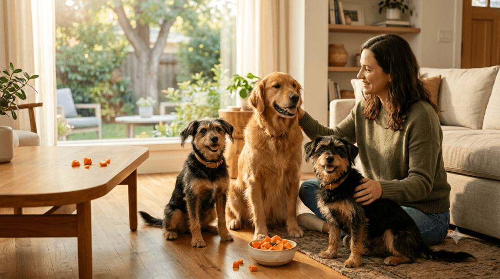 Dogs beside a small serving of safe prepared papaya