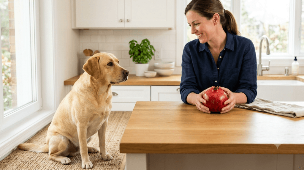Can dogs eat pomegranate? Labrador Retriever near a whole pomegranate