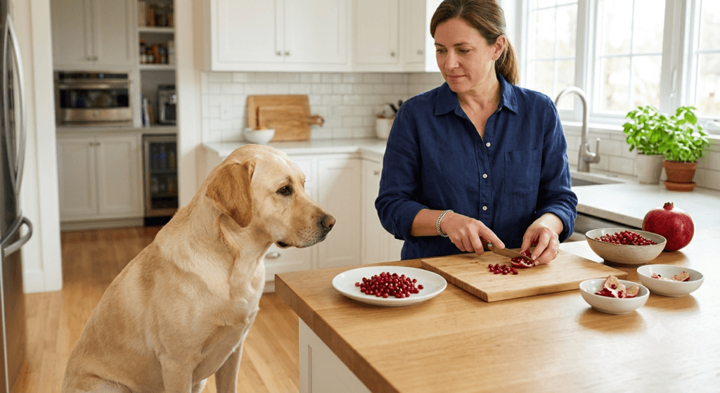Can dogs eat pomegranate? Labrador Retriever beside prepared pomegranate