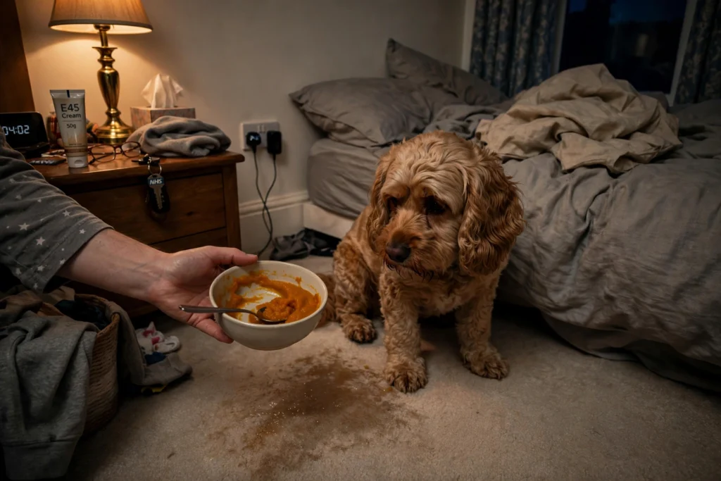 Cockapoo dog with diarrhoea on beige carpet at 4am UK home - can dogs eat pumpkin puree for diarrhoea