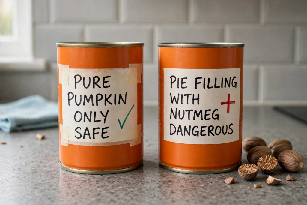 Safe pure pumpkin vs deadly pumpkin pie filling with nutmeg toxic warning for dogs UK - comparison

