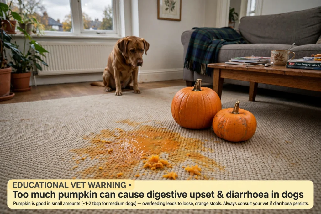 Too much pumpkin causes orange poop diarrhoea and bloat in dogs UK - Labrador warning