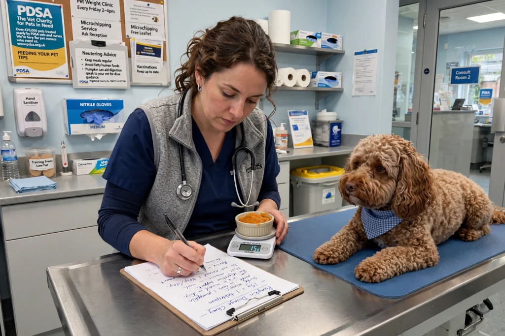 PDSA UK vet writing pumpkin puree dose chart 15g 1 tablespoon for 6kg Cockapoo dog diarrhoea