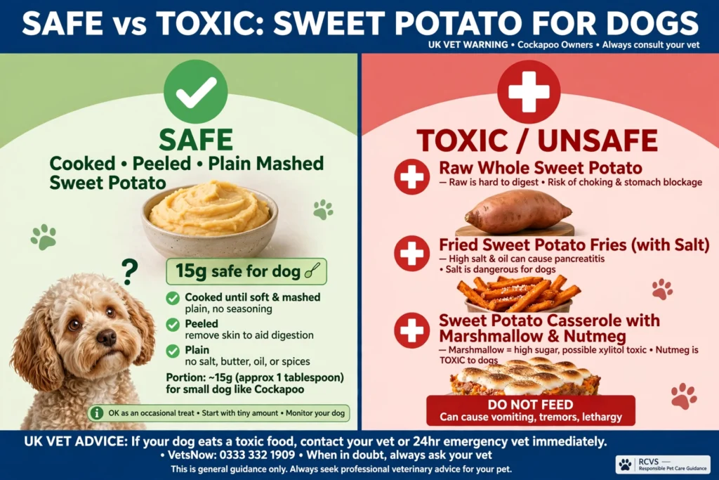Safe vs toxic sweet potato for dogs UK cooked mashed safe raw fried fries toxic blockage risk