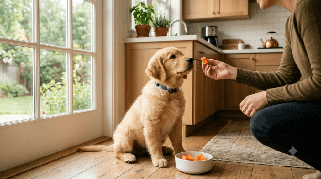 Golden Retriever puppy with a small serving of prepared papaya