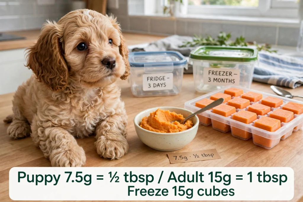 Can puppies eat sweet potato UK age guide 7.5g half tbsp safe plus fridge 3 days freezer 3 months ice cube tray storage
