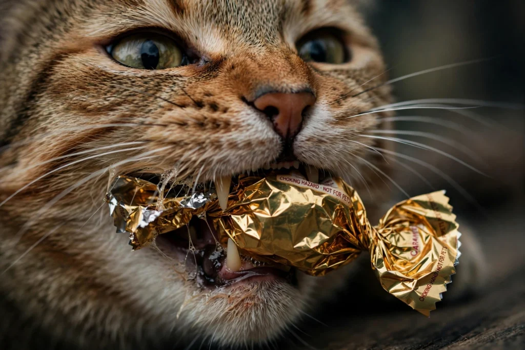 Cat chewing candy wrapper risk of intestinal blockage