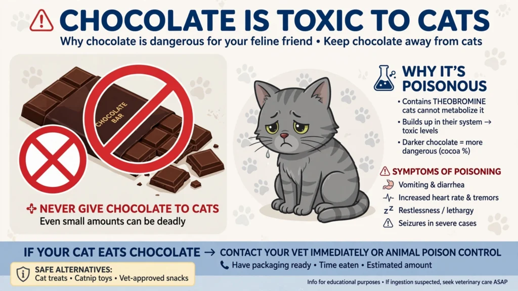 Chocolate is toxic to cats infographic showing symptoms and dangers