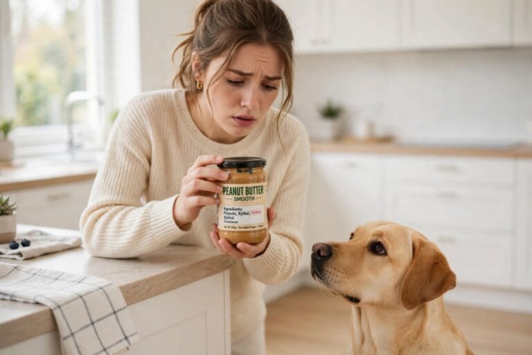 Woman checking peanut butter label for xylitol while labrador watches in kitchen - xylitol poisoning in dogs UK