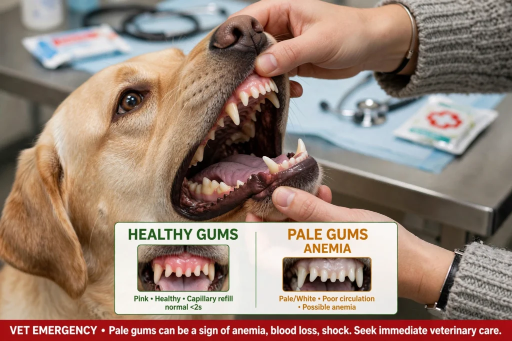 Owner checking dog pale gums for onion poisoning anemia symptom emergency

