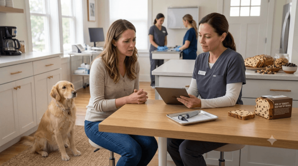 Dog owner consulting veterinarian after dog ate raisins
