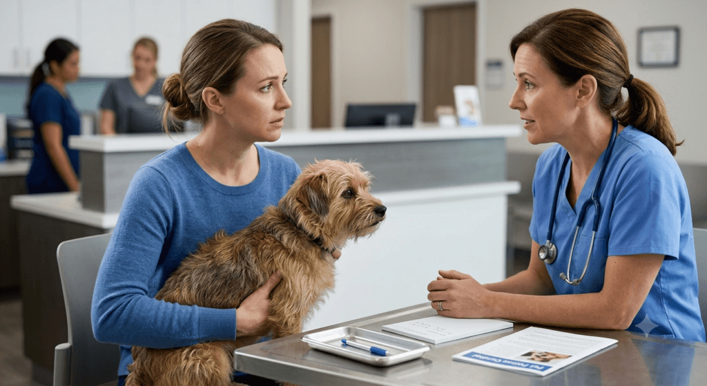 Dog owner speaking with veterinarian after dog eats grapes